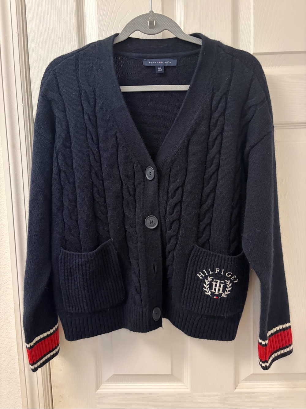 Tommy Hilfiger Navy Cable-Knit Cardigan with Red & White Stripe Cuffs
